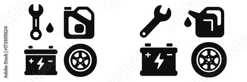 Icons representing essential automotive tools and parts for maintenance and repair activities
