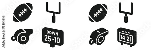 Football sports equipment icons design featuring balls, goalposts, and referee tools