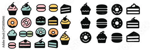 Colorful dessert icons featuring cupcakes, macarons, donuts, and cakes arranged in a playful pattern on a white background