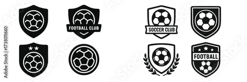 Various designs of football and soccer club logos in black and white showcasing different styles and shapes with ball imagery