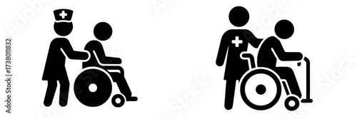 Health care workers assisting patients in wheelchairs at a medical facility during daytime