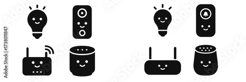 Various smart home devices with cheerful design in black and white, showcasing modern technology for everyday living and convenience