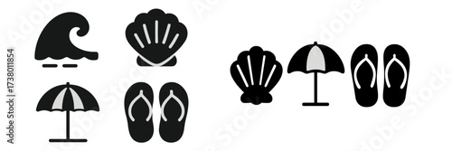 Beach-themed icons featuring waves, shells, umbrellas, and flip-flops for summer fun and relaxation