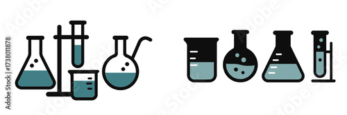 Illustration of laboratory glassware with different containers and liquids in teal color for educational science activity