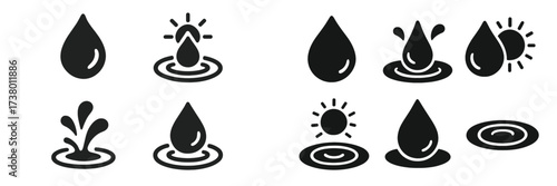 Various black and white water droplet designs showing different shapes and splash patterns in circular settings