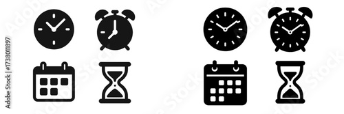 Various clock and calendar icons representing time management and scheduling in minimalistic design