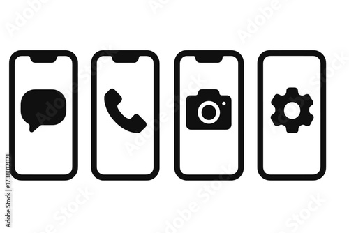 Icons representing messaging, calling, taking photos, and settings on smartphone screens in a modern design