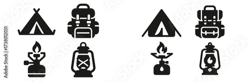 Camping gear icons depicting tents, backpacks, and lanterns for outdoor adventures and activities