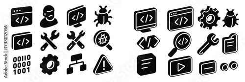Black and white icons depicting software development tools and programming concepts in a simple and clean layout