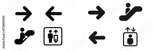 Directional signs guide movement in a public transport area for escalators and elevators