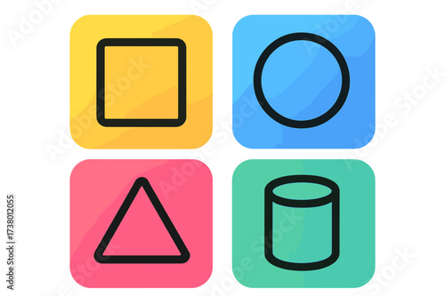 Colorful geometric shapes design in simple colors showing various forms on a square canvas