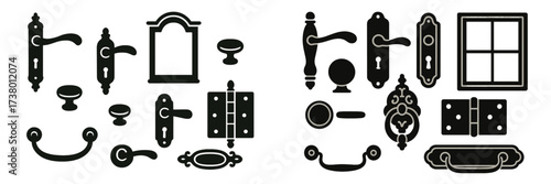 Collection of decorative hardware featuring door handles, locks, window frames, and hinges displayed on a white background