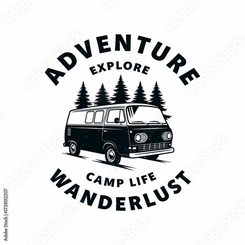 Vintage van illustration with trees and adventure-themed text.