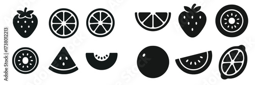 Diverse collection of fruit illustrations showcasing strawberries, citrus slices, and melons in simple black and white design