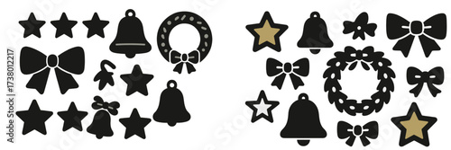 Decorative Christmas shapes featuring bows, bells, stars, and wreaths for festive design and craft projects