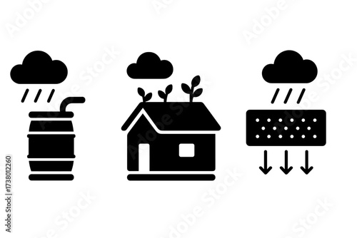 Water conservation methods represented through simple icons showing rain collection, green housing, and stormwater management