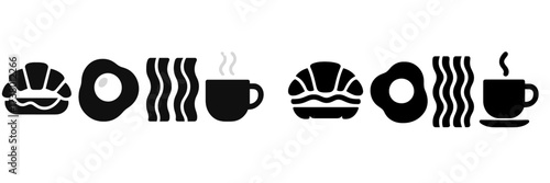 Simple black and white food icons representing breakfast items and beverages on a clean background