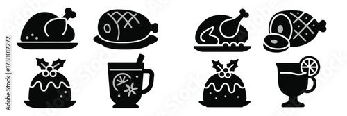 Festive holiday meal with traditional dishes and drinks served on plates and glasses