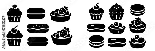 Variety of delicious desserts displayed in a neat layout featuring cupcakes, macarons, and tarts