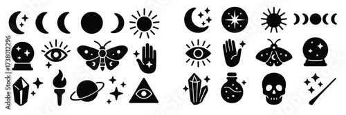 Various mystical symbols and icons showcasing celestial themes and supernatural elements found in magical practices