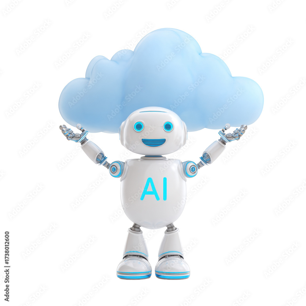 Fototapeta premium Friendly AI Robot Under a Cloud on Transparent Background