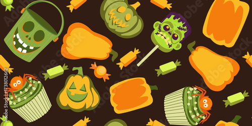 Flat vector seamless Halloween pattern with pumpkins, monster bucket, spider cupcake and candies in orange-green tones. Ideal for wrapping paper, textiles, posters, and festive product packaging.