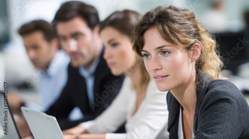 Focused medium shot of employees participating in an interactive elearning safety module on laptops emphasizing individual concentration against a blurred office backdrop.