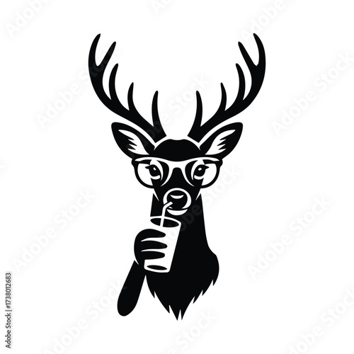 Stylized deer wearing glasses holding a coffee cup with antlers prominent silhouette