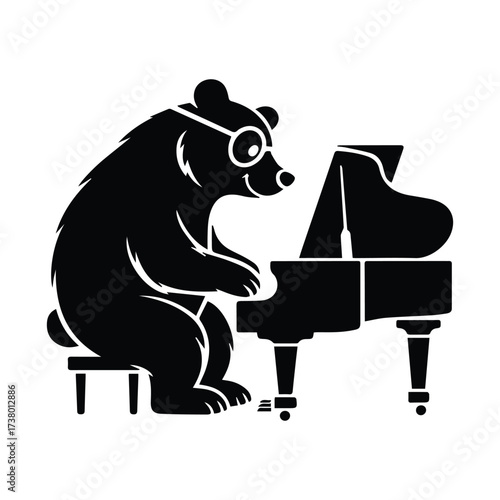 Whimsical bear wearing glasses playing a grand piano with musical notes silhouette
