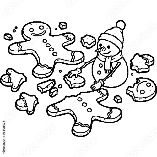 Concept art of making Christmas food and sweets. Snowman making gingerbread man cookies. A charming and fun black and white illustration for a bakery, recipe blog or children's storybook.