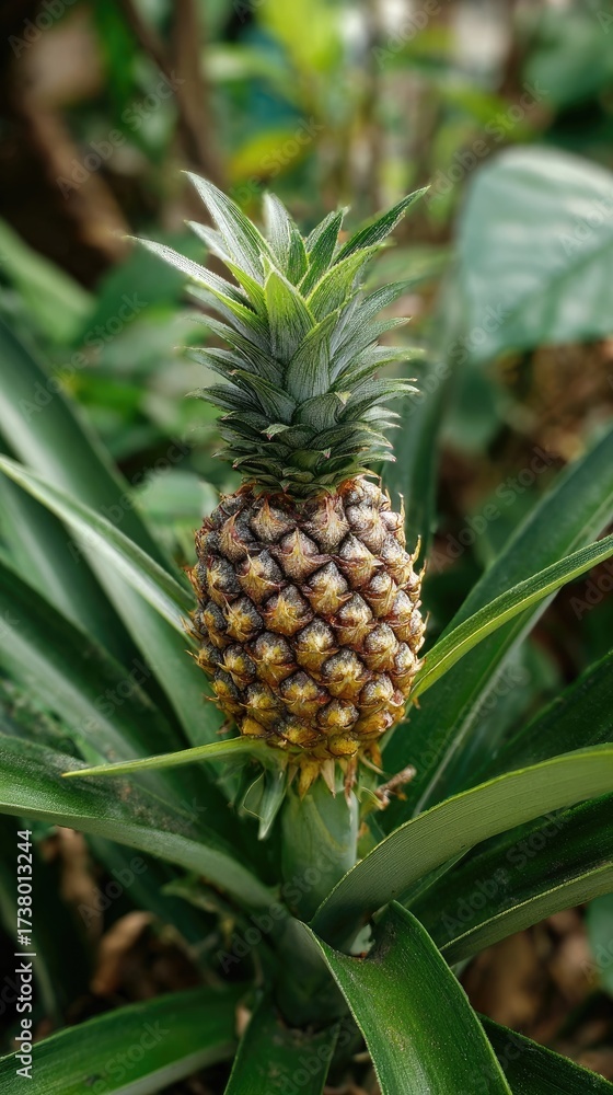 Obraz premium Ripe pineapple growing amongst green leaves. Close-up of tropical fruit
