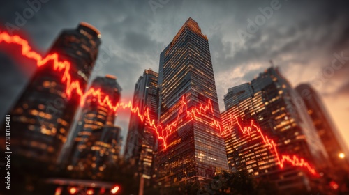 A dramatic cityscape featuring a stock market decline represented by a red line graph overlaying skyscrapers.