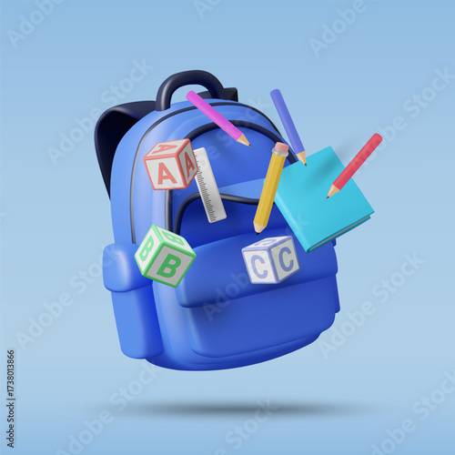 3D vector illustration render of blue school bag with pencils, notebooks and A B C letter blocks. Early education and learning concept for early childhood teaching materials, kindergarten.