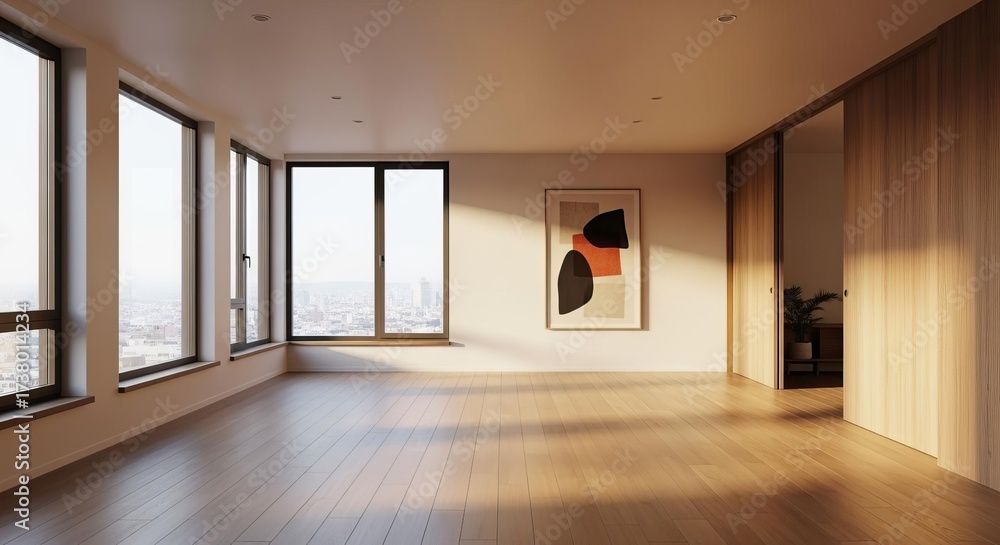 Fototapeta premium Modern Minimalist Living Room with City View and Abstract Art