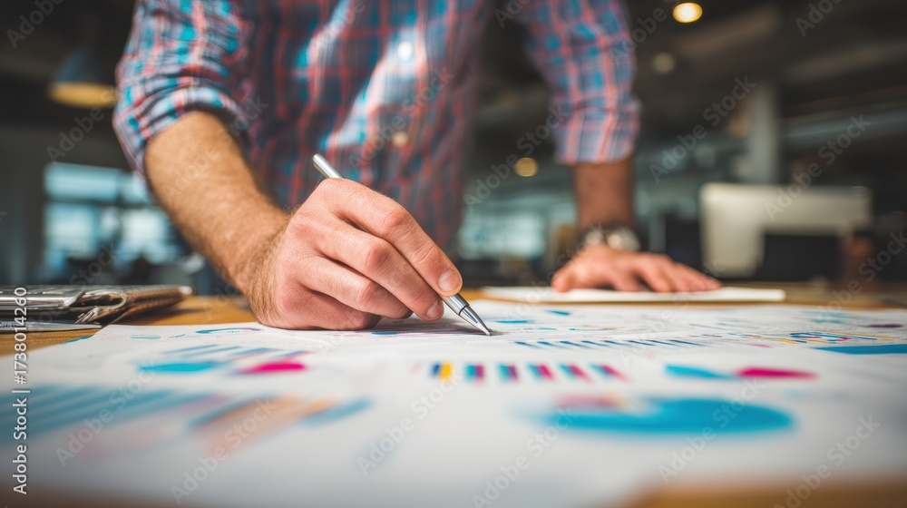 Obraz premium A professional analyzing data trends with graphs and charts in a modern office environment.