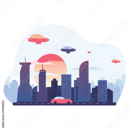 Futuristic cityscape with flying cars and ufos at sunset