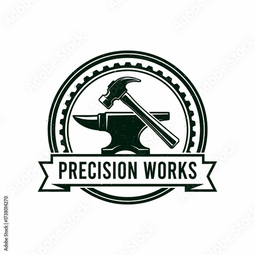 Vintage blacksmith emblem with a hammer and anvil, featuring the text 'Precision Works' on a ribbon.