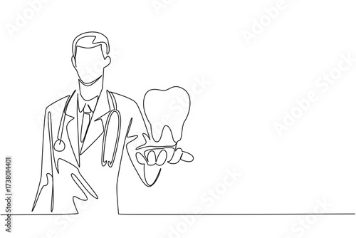 Continuous one line drawing male doctor holding a large tooth and pointing it forward. Example of well maintained teeth. Maintenance. National Dentist Day. Single line draw design vector illustration