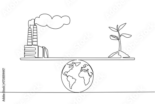 Single continuous line drawing scales with tree shoots and mounds of earth and on the other side a polluted air factory. Balance of nature. World Plant Power Day. One line design vector illustration