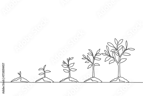 Continuous one line drawing 5 phases of tree growth with soil mounds. Symbolism of new and renewable energy. Protect the environment. World Plant Power Day. Single line draw design vector illustration