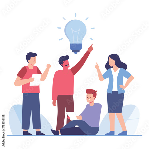 Diverse team collaborating on a bright new idea with a glowing lightbulb