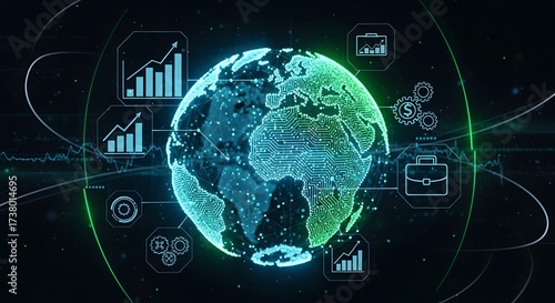Glowing digital Earth with financial icons and data graphs, symbolizing global economy, digital trade, fintech, and worldwide financial connectivity.