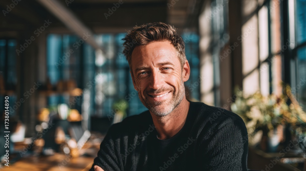 Obraz premium A smiling man with a relaxed demeanor in a cozy cafe. Natural sunlight highlights his features and moment.