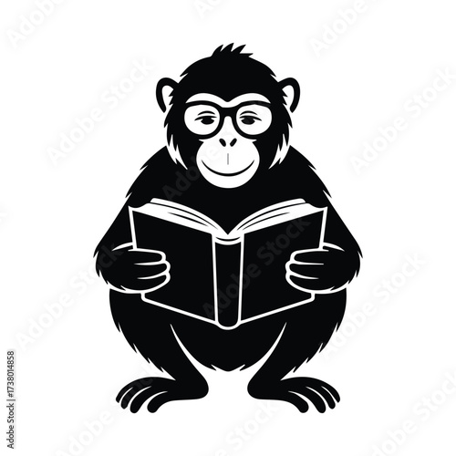 Whimsical monkey wearing glasses reads an open book joyfully and enthusiastically silhouette