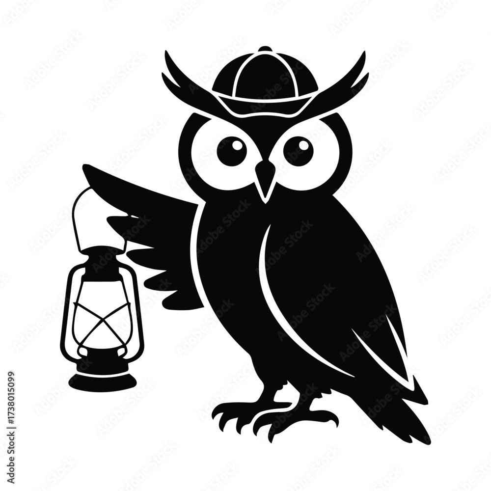 Fototapeta premium Whimsical silhouette of an owl wearing a hat holding a lantern at night silhouette