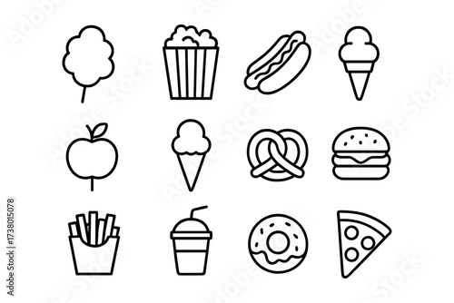 Classic carnival snack icons: popcorn, hotdog, ice cream, more in bold outline style
