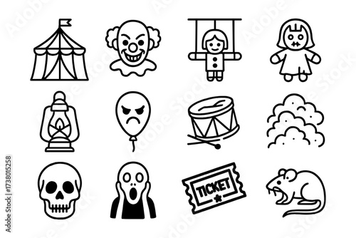 Halloween circus icons: clowns, skulls, spooky elements in black and white style