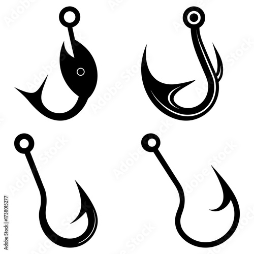 Four black and white fishing hook illustrations with different designs and orientations on a white background