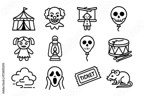 Halloween circus icons: creepy masks, puppets, and drums in black and white line art