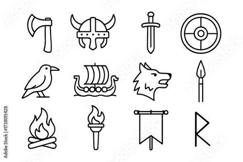 Minimalist viking symbols set: axe, helmet, sword, shield, raven, ship, wolf, spear, fire, torch, banner, rune